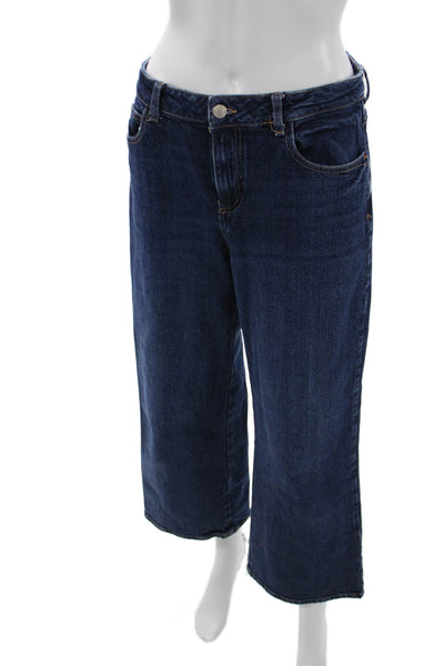 Zara Women Cropped Wide Leg Jeans Dark Blue Mid Rise Cotton Blend Size 6