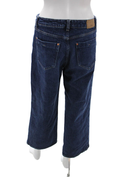 Zara Women Cropped Wide Leg Jeans Dark Blue Mid Rise Cotton Blend Size 6