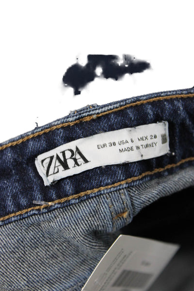 Zara Women Cropped Wide Leg Jeans Dark Blue Mid Rise Cotton Blend Size 6
