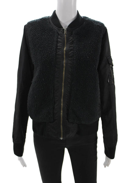 Mother Womens Quilted Bomber Jacket Black Zip Crew Neck Long Sleeve Size S