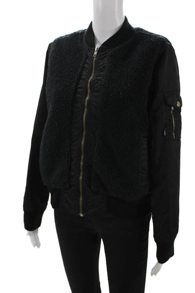 Mother Womens Quilted Bomber Jacket Black Zip Crew Neck Long Sleeve Size S