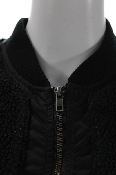 Mother Womens Quilted Bomber Jacket Black Zip Crew Neck Long Sleeve Size S