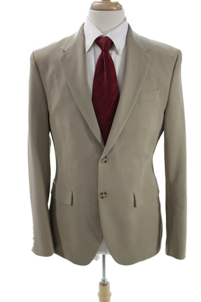 Zara Mens Beige Solid Collared Button Suit Jacket Polyester Long Sleeve Size 40