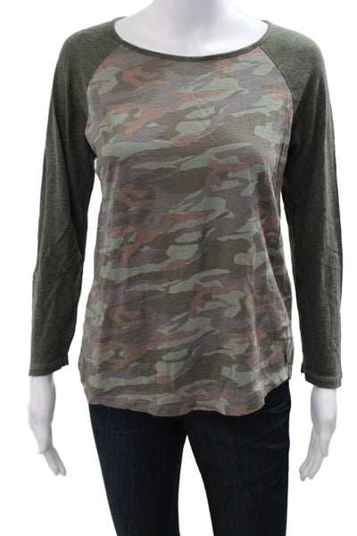 Monrow Women Basic Jersey Green Camo Round Neck Long Sleeve 100% Cotton Size M