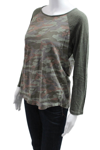 Monrow Women Basic Jersey Green Camo Round Neck Long Sleeve 100% Cotton Size M