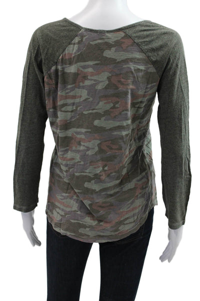 Monrow Women Basic Jersey Green Camo Round Neck Long Sleeve 100% Cotton Size M