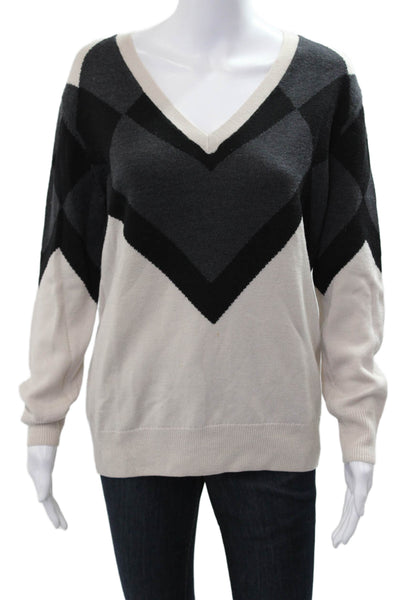 Haute Hippie Womens Beige Merino Wool V-Neck Argyle Pullover Size M