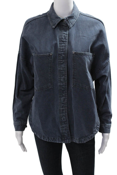 Zara Womens Dark Blue Cotton Collared Button Long Sleeve Jacket Size XS