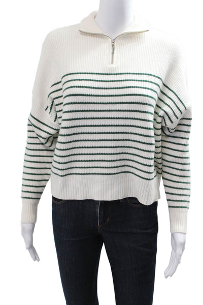 MNG Women Striped Collared Zip Pullover Sweater White Size XS