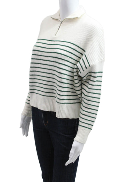MNG Women Striped Collared Zip Pullover Sweater White Size XS