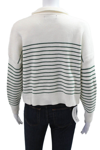 MNG Women Striped Collared Zip Pullover Sweater White Size XS
