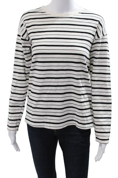 Zara Women Basic Jersey T-Shirt Black Striped Crew Neck Long Sleeve Size S