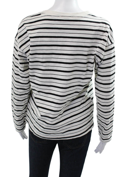 Zara Women Basic Jersey T-Shirt Black Striped Crew Neck Long Sleeve Size S
