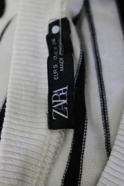Zara Women Basic Jersey T-Shirt Black Striped Crew Neck Long Sleeve Size S