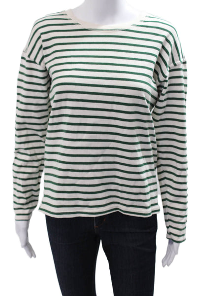 Zara Women Basic Striped Green Round Neck Long Sleeve T-Shirt 90s Size S