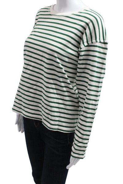 Zara Women Basic Striped Green Round Neck Long Sleeve T-Shirt 90s Size S