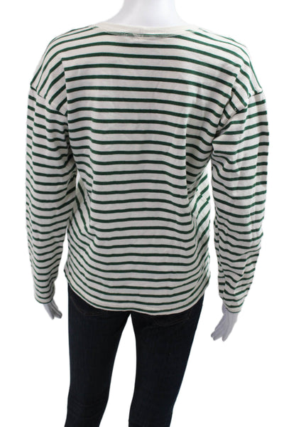Zara Women Basic Striped Green Round Neck Long Sleeve T-Shirt 90s Size S