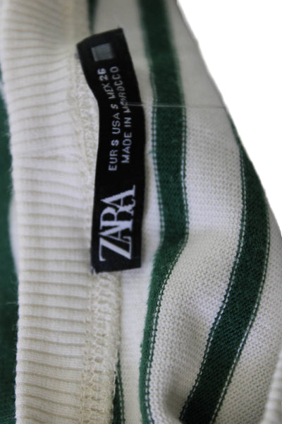 Zara Women Basic Striped Green Round Neck Long Sleeve T-Shirt 90s Size S