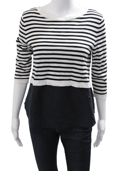 COS Women Black Striped Cotton Round Neck 3/4 Sleeve Button Up Blouse Size S