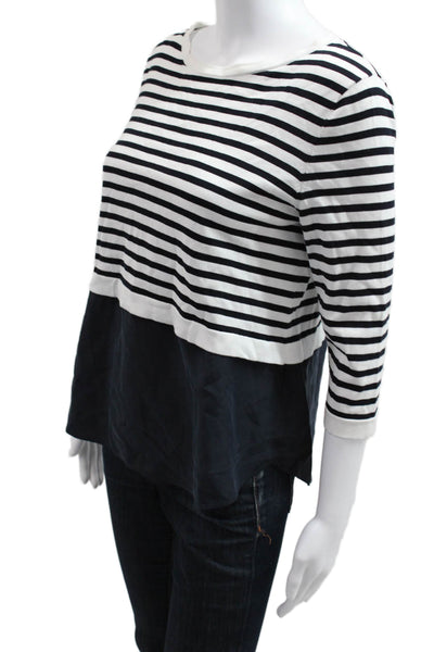 COS Women Black Striped Cotton Round Neck 3/4 Sleeve Button Up Blouse Size S