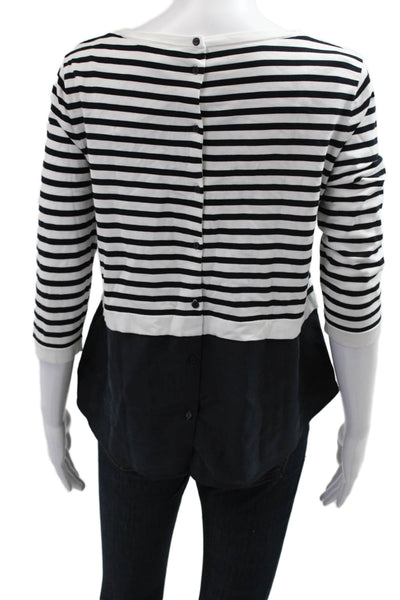 COS Women Black Striped Cotton Round Neck 3/4 Sleeve Button Up Blouse Size S