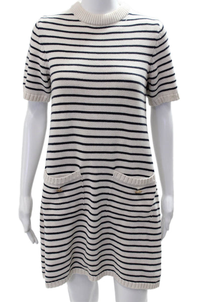 Zara Womens Shift Sweater Dress White Striped Cotton Short Sleeve Size M