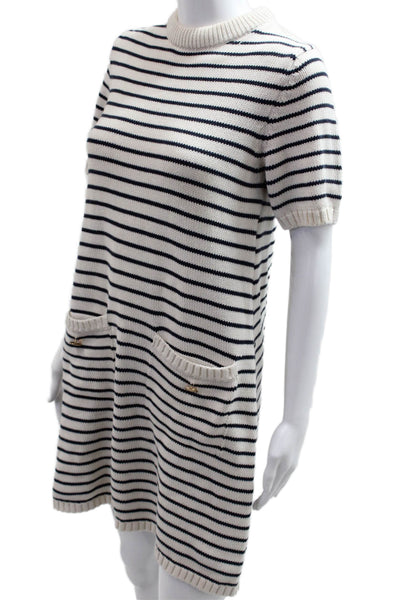 Zara Womens Shift Sweater Dress White Striped Cotton Short Sleeve Size M
