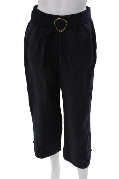 Zara Womens Cropped Paperbag Pants Dark Blue Viscose Blend Size S