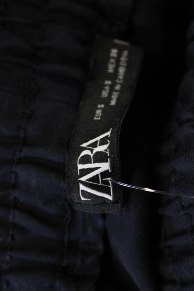 Zara Womens Cropped Paperbag Pants Dark Blue Viscose Blend Size S