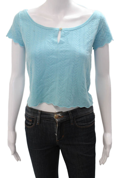 Free People Womens Cropped Cashmere Top Light Blue Short Sleeve Size S
