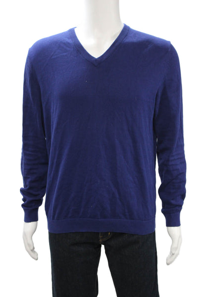 Reiss Mens Pullover V Neck Cotton Blend Sweater Blue Long Sleeve Size L