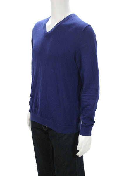 Reiss Mens Pullover V Neck Cotton Blend Sweater Blue Long Sleeve Size L