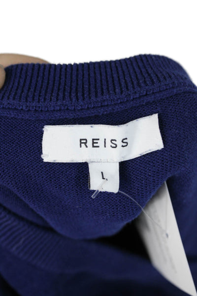 Reiss Mens Pullover V Neck Cotton Blend Sweater Blue Long Sleeve Size L