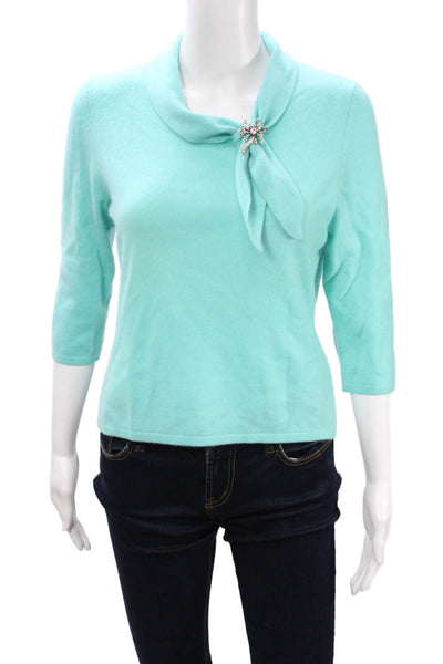 Grayson & Dunn Women Light Blue Cashmere Mock Neck Pullover 3/4 Sleeve Size PM
