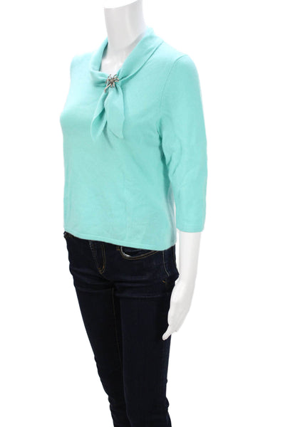Grayson & Dunn Women Light Blue Cashmere Mock Neck Pullover 3/4 Sleeve Size PM