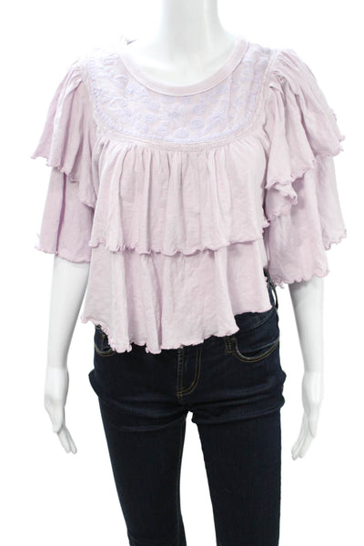 Free People Women Bohemian Purple Cotton Round Neck Short Sleeve Blouse Size S