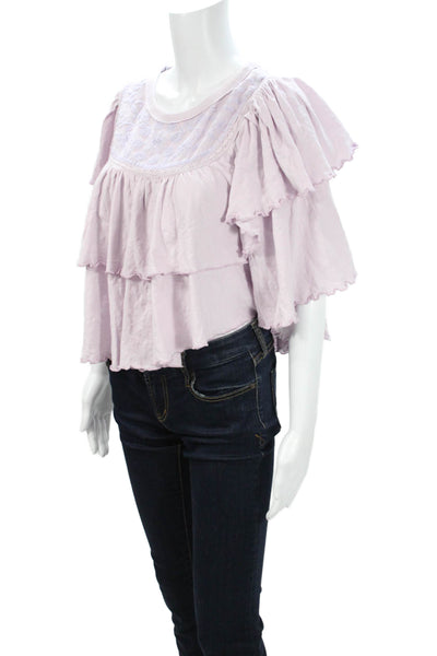 Free People Women Bohemian Purple Cotton Round Neck Short Sleeve Blouse Size S