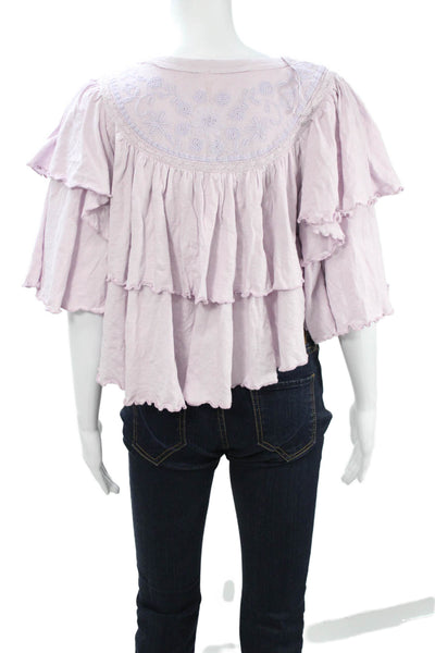 Free People Women Bohemian Purple Cotton Round Neck Short Sleeve Blouse Size S