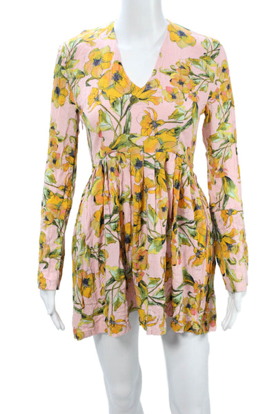 Free People Women Fit & Flare Mini Dress Pink V-Neck Long Sleeve Rayon Size 4