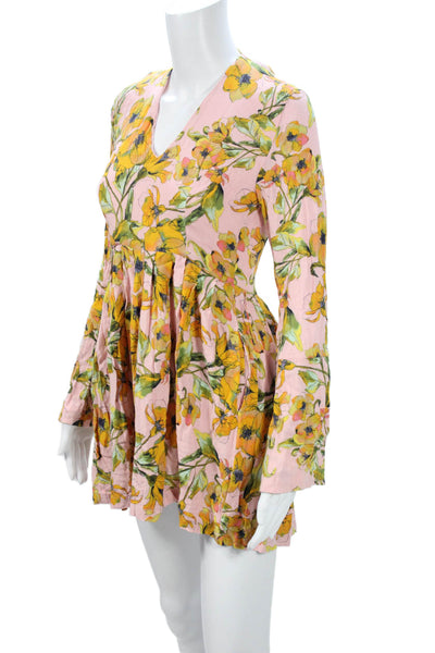 Free People Women Fit & Flare Mini Dress Pink V-Neck Long Sleeve Rayon Size 4