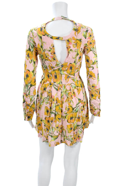 Free People Women Fit & Flare Mini Dress Pink V-Neck Long Sleeve Rayon Size 4