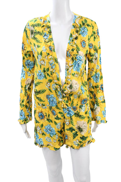 Agua Bendita Womens Romper Yellow Floral Long Sleeve Plunging Neck Size S