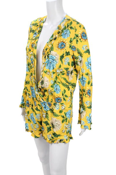 Agua Bendita Womens Romper Yellow Floral Long Sleeve Plunging Neck Size S