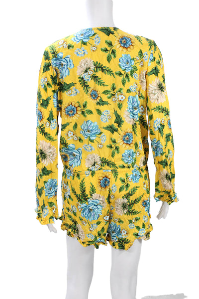 Agua Bendita Womens Romper Yellow Floral Long Sleeve Plunging Neck Size S
