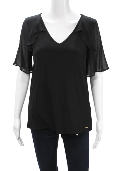 Calvin Klein Women Black V-Neck Short Sleeve Blouse Designer Size XS