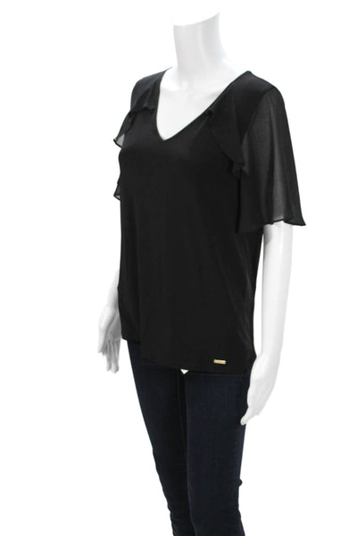 Calvin Klein Women Black V-Neck Short Sleeve Blouse Designer Size XS