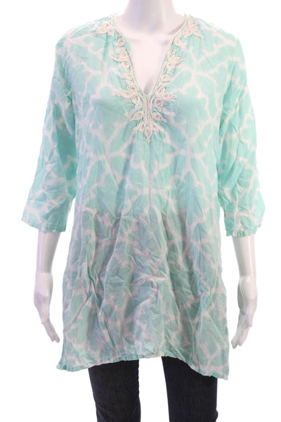 Roberta Roller Rabbit Women Light Blue V-Neck Cotton Tunic Size M
