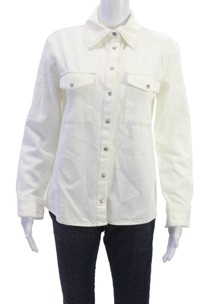 MNG Womens White Cotton Collared Button Long Sleeve Classic Jacket Size 4