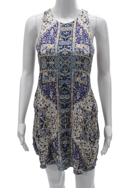 Lavender Brown Womens Tank Dress Beige Geometric Rayon Sleeveless Short Size XS