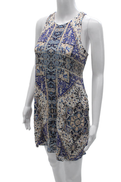 Lavender Brown Womens Tank Dress Beige Geometric Rayon Sleeveless Short Size XS